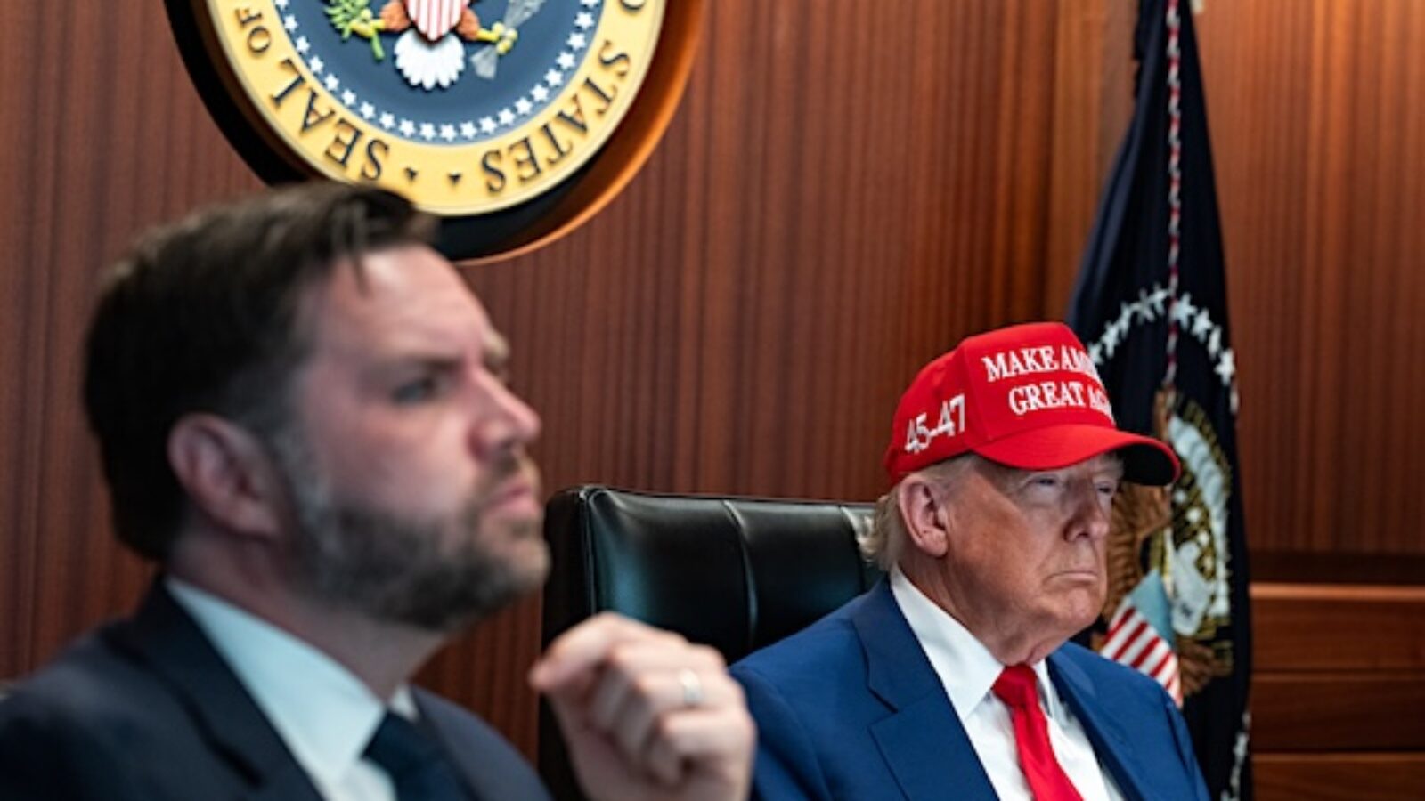 President Donald J. Trump and Vice President JD Vance in The Situation Room, June 21, 2025 (Official White House photo)