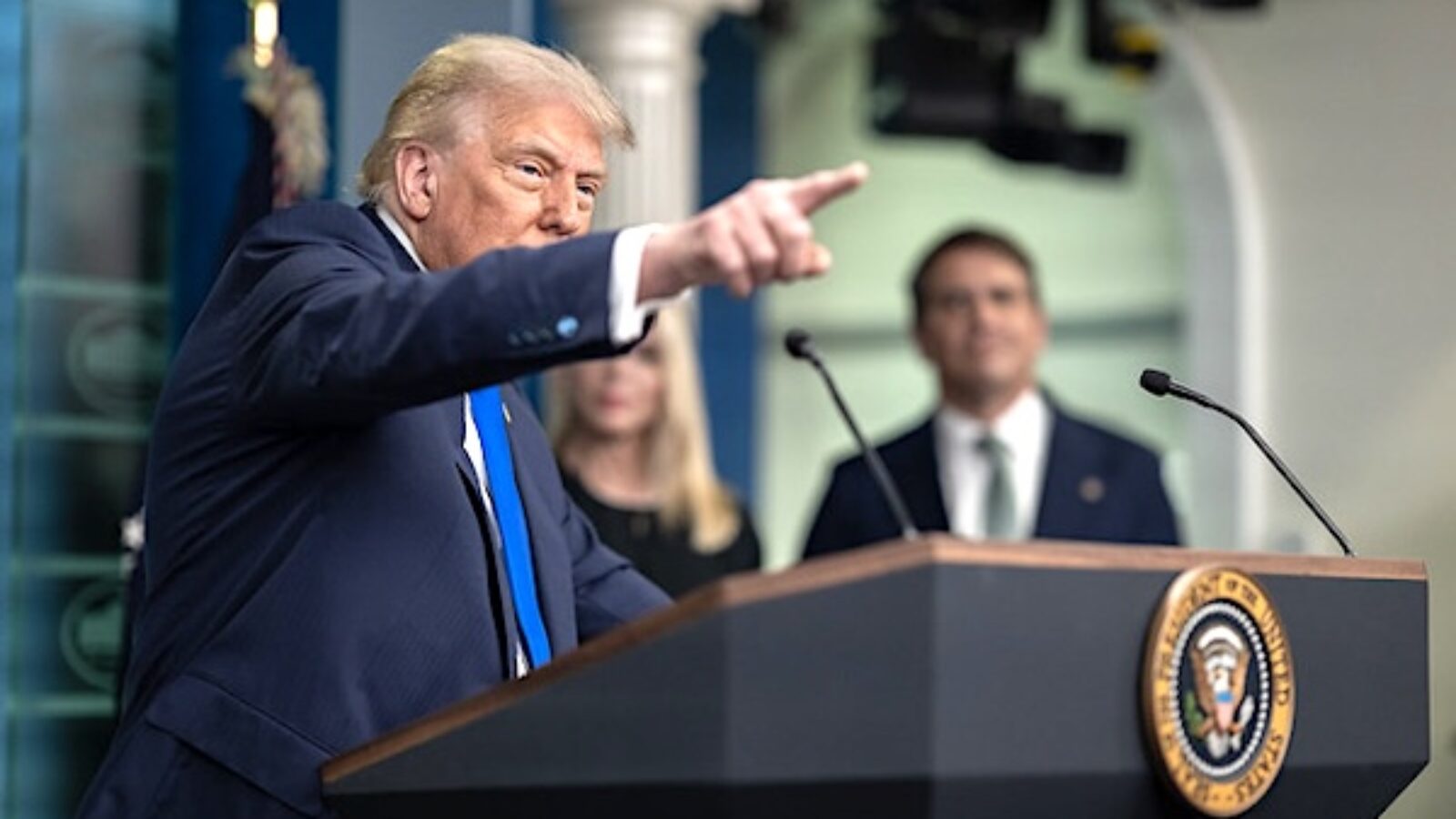 President Donald Trump holds a press conference with U.S. Attorney General Pam Bondi and Deputy Attorney General Todd Blanche in the James S. Brady Press Briefing Room on Friday, June 27, 2025. (Official White House photo by Molly Riley)